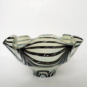 Vintage Art Deco Ruffled Glass Bowl Off-White & Brown/Black Kaleidoscope Design